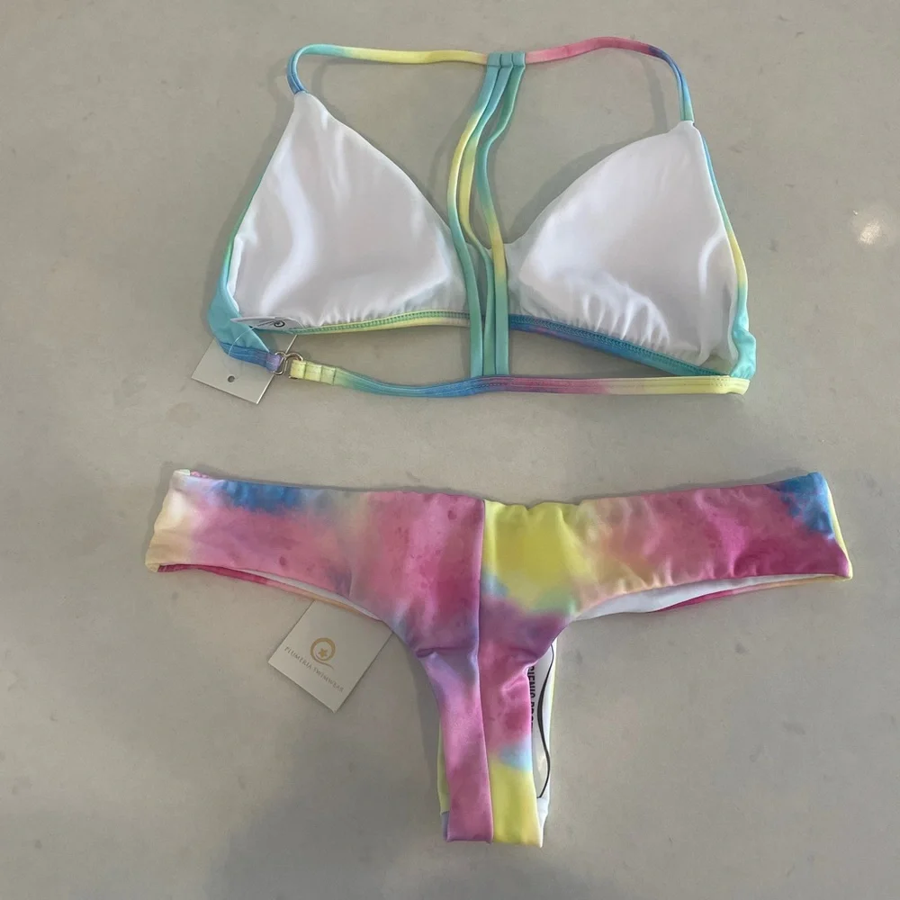 Plumeria Rainbow Tie-Dye Bikini Set Triangle Top & Cheeky Bottoms NWT M & L - Picture 3 of 7